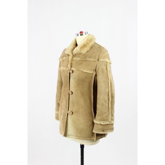 Vintage 70's Tan Genuine Sheepskin Suede Leather Shearling Ranch Coat, Size 6/XS - Picture 4 of 16
